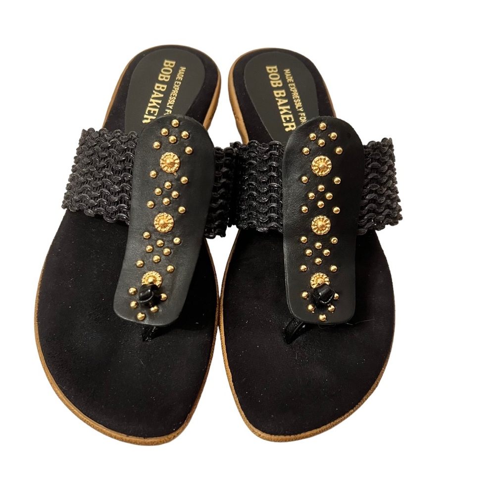 Bob Baker Women’s Thong Sandal Black with Gold Embellishment Size 7